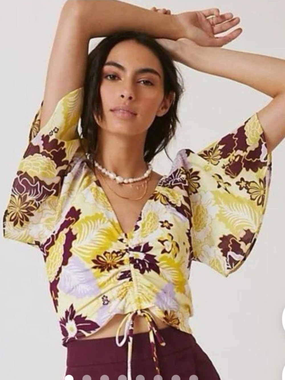 Maeve Yellow & Purple Floral Drawstring Crop Top